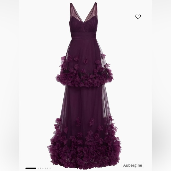 Marchesa Notte Tiered Floral-Appliqué Gown